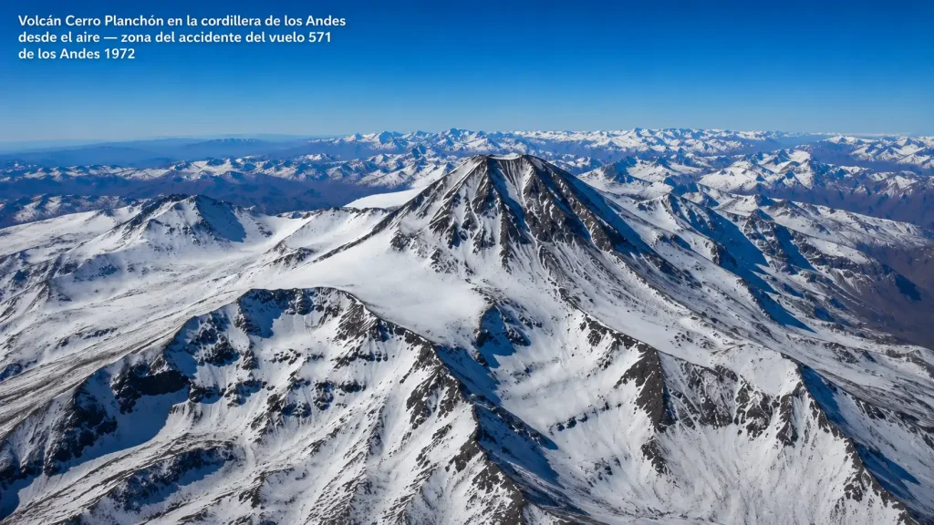 Volcán Cerro Planchón en la cordillera de los Andes desde el aire — zona del accidente del vuelo 571 de los Andes 1972 — BCN Sim Center
