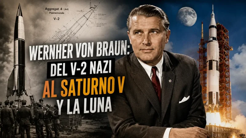 Wernher von Braun junto al cohete Saturno V en la NASA en 1969 — Wernher von Braun del V-2 nazi al Saturno V — BCN Sim Center