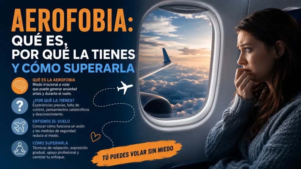 Pasajero con expresión de ansiedad mirando por la ventanilla de un avión comercial — aerofobia miedo a volar ansiedad vuelo — BCN Sim Center