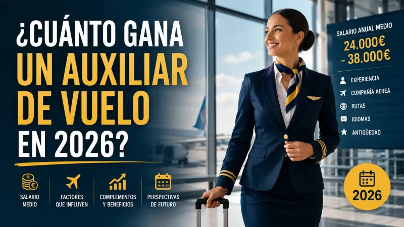 Auxiliar de vuelo en la terminal de un aeropuerto — auxiliar de vuelo sueldo salario España 2026 — BCN Sim Center