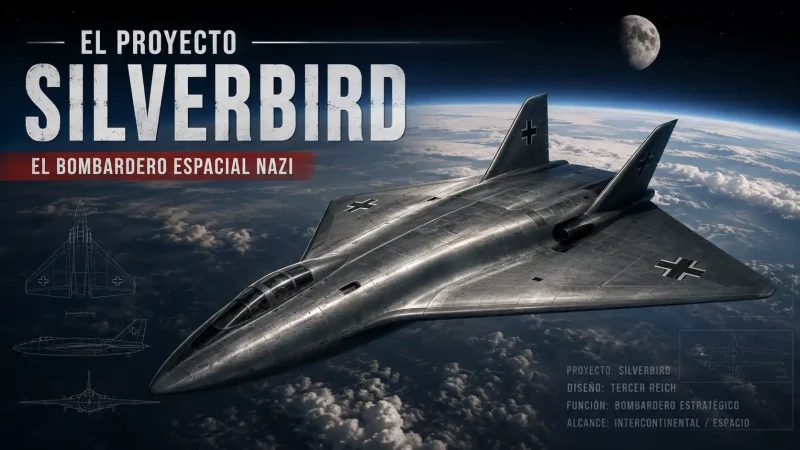 Ilustración técnica del Silbervogel o Silverbird de Eugen Sänger mostrando la trayectoria de saltos suborbitales sobre el Atlántico — proyecto Silverbird bombardero espacial nazi — BCN Sim Center